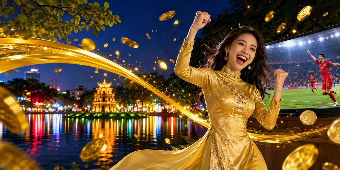 Người dùng Hà Nội trong trang phục áo dài xem kết quả cược thể thao và nhận thưởng hoàn tiền trên điện thoại