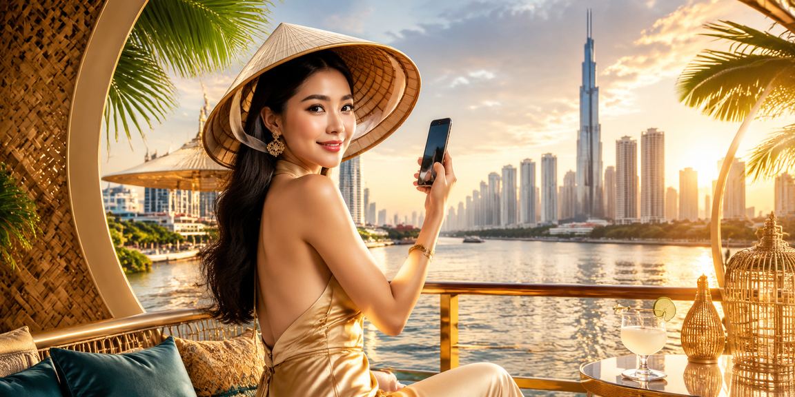 Người dùng tại TP.HCM đội nón lá xem kết quả xổ số trực tuyến trên điện thoại di động